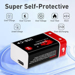 IMREN 9V battery Rechargeable Lithium Batteires, 3600mWh with USB-C Charging Cable for Electronics (4 Pack)