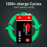 IMREN 9V battery Rechargeable Lithium Batteires, 3600mWh with USB-C Charging Cable for Electronics (4 Pack)