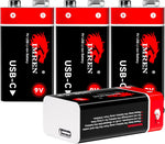 IMREN 9V battery Rechargeable Lithium Batteires, 3600mWh with USB-C Charging Cable for Electronics (4 Pack)