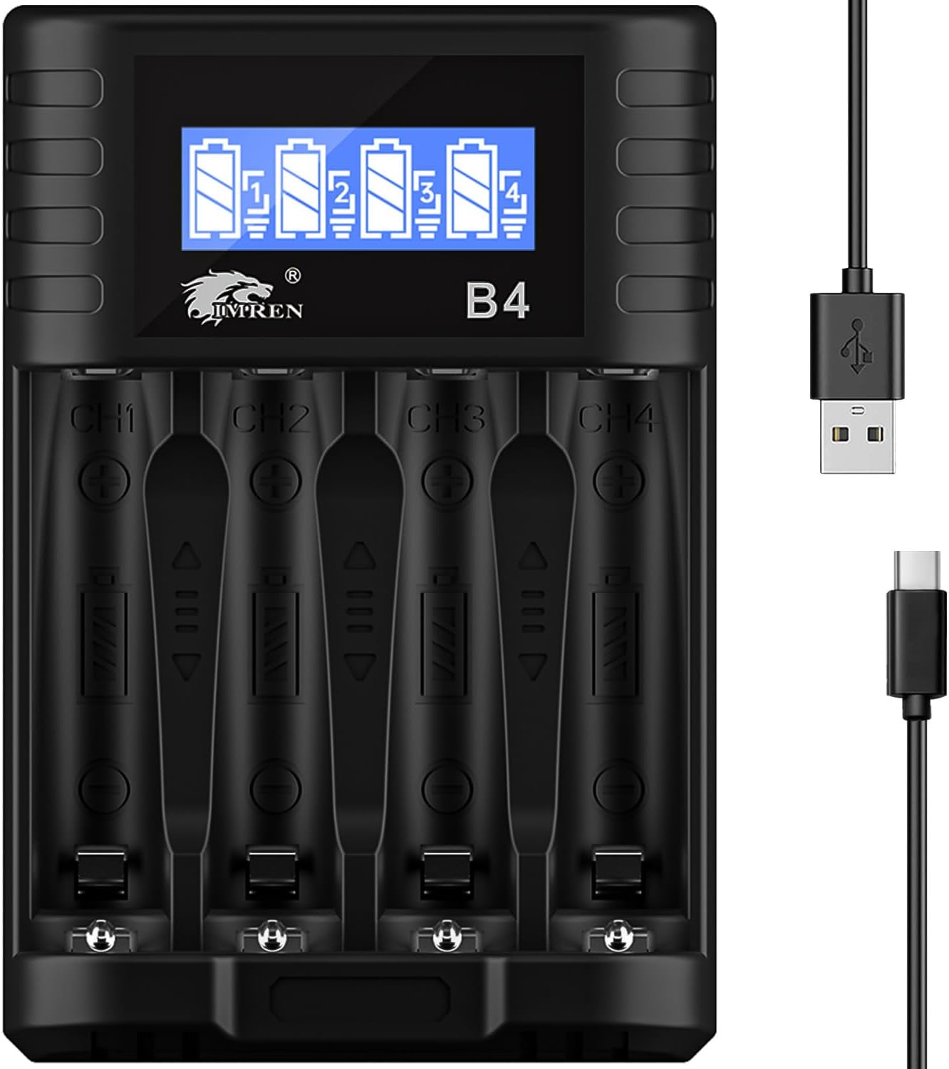 IMREN B4 Battery Charger for NiMH/NiCD 1.5V AAA  Lithium Battery with Type-C and LCD Display