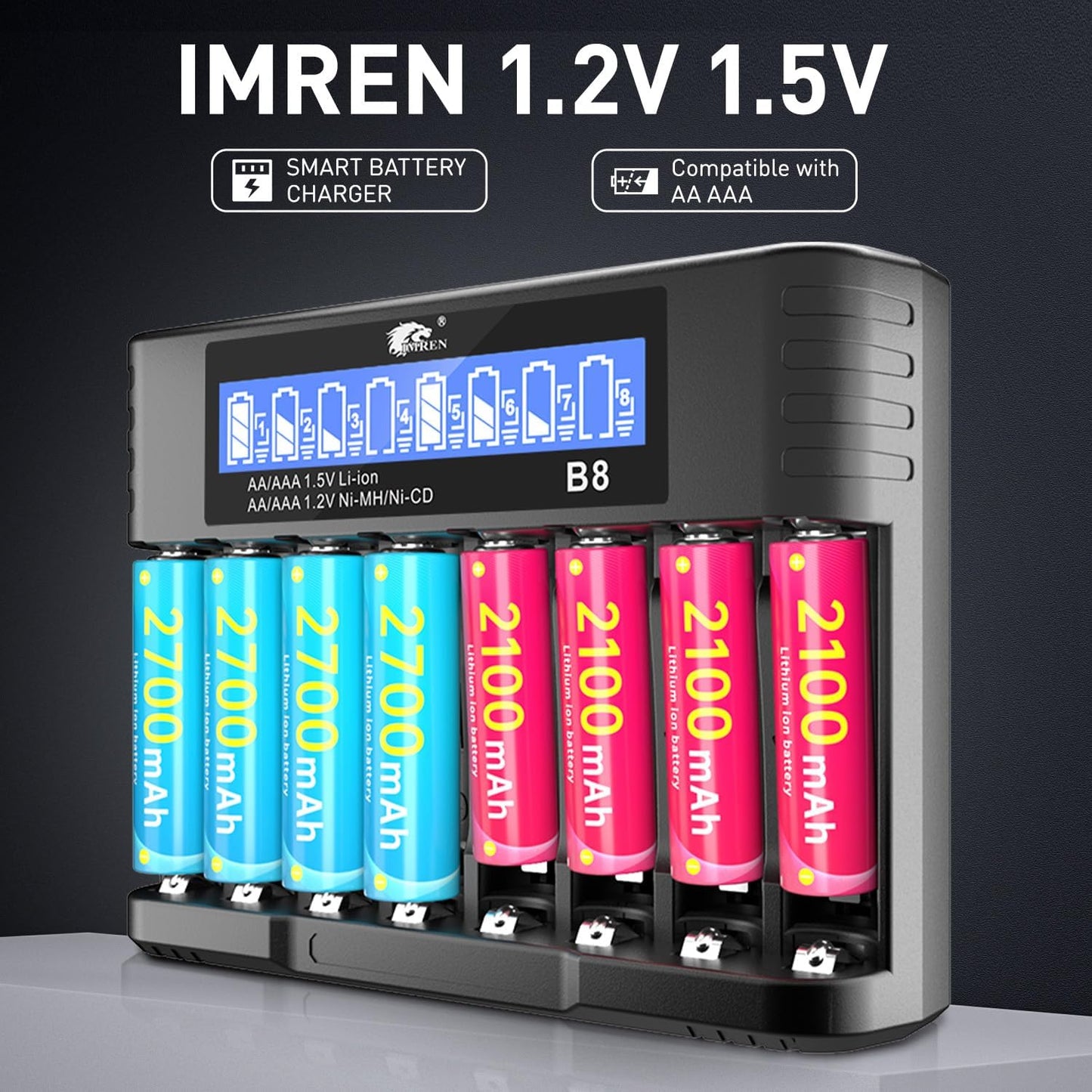 IMREN B4 Battery Charger for NiMH/NiCD 1.5V AAA  Lithium Battery with Type-C and LCD Display