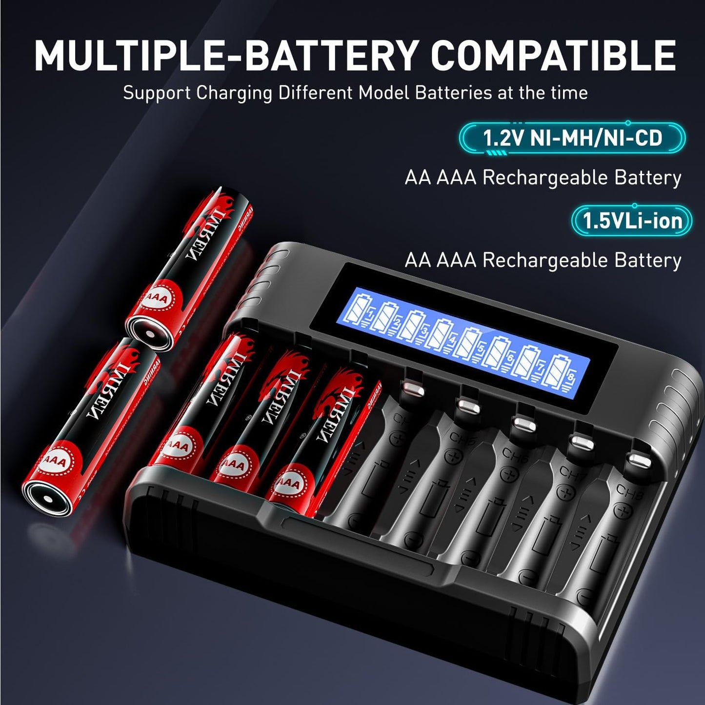 IMREN B4 Battery Charger for NiMH/NiCD 1.5V AAA  Lithium Battery with Type-C and LCD Display