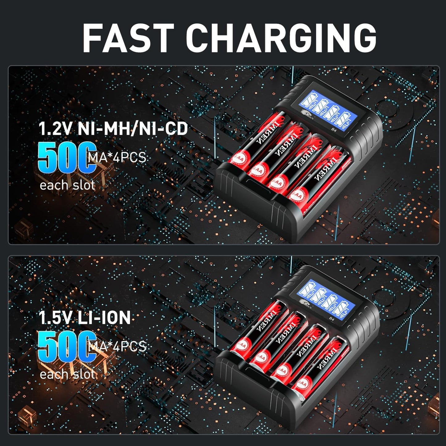 IMREN B4 Battery Charger for NiMH/NiCD 1.5V AAA  Lithium Battery with Type-C and LCD Display