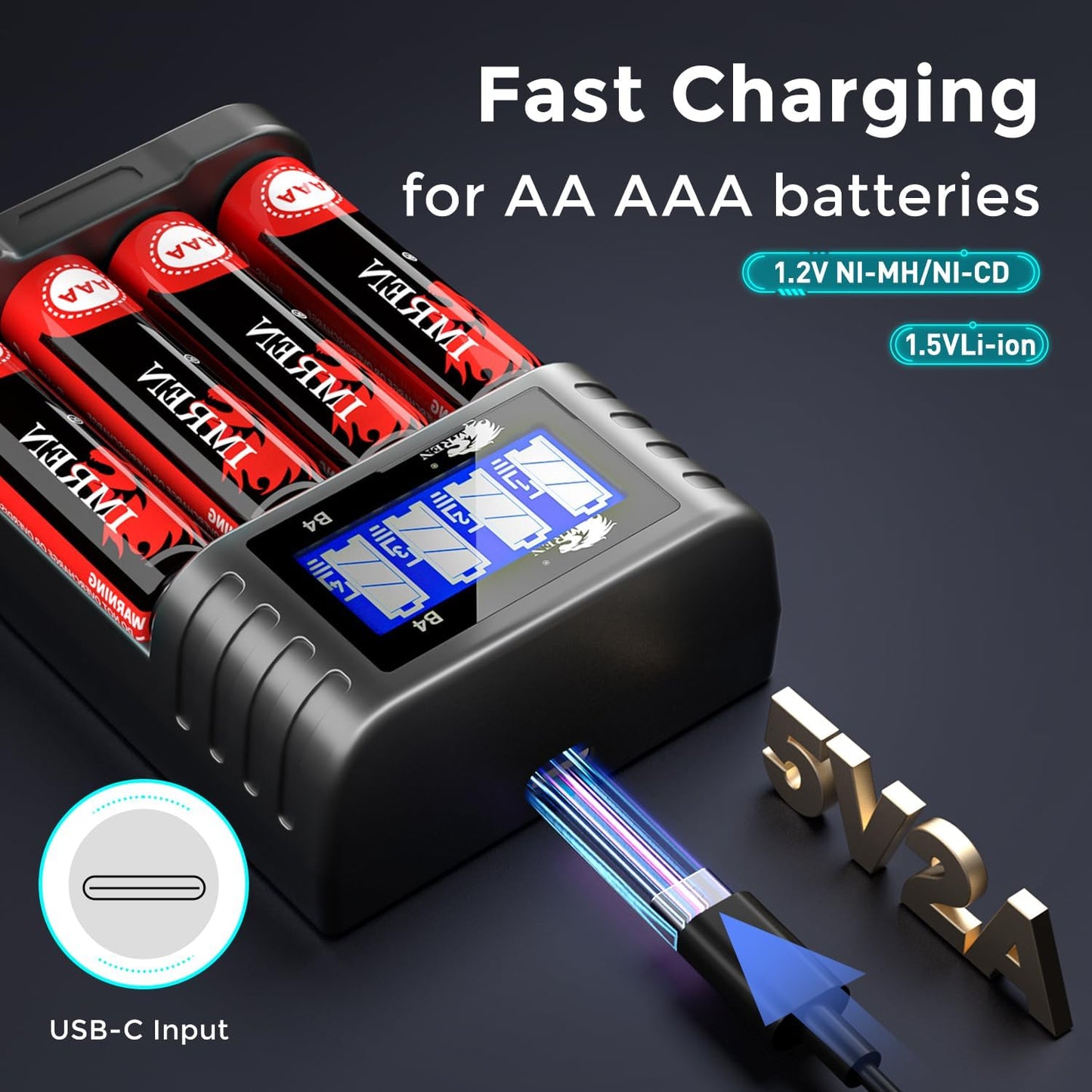 IMREN B4 Battery Charger for NiMH/NiCD 1.5V AAA  Lithium Battery with Type-C and LCD Display