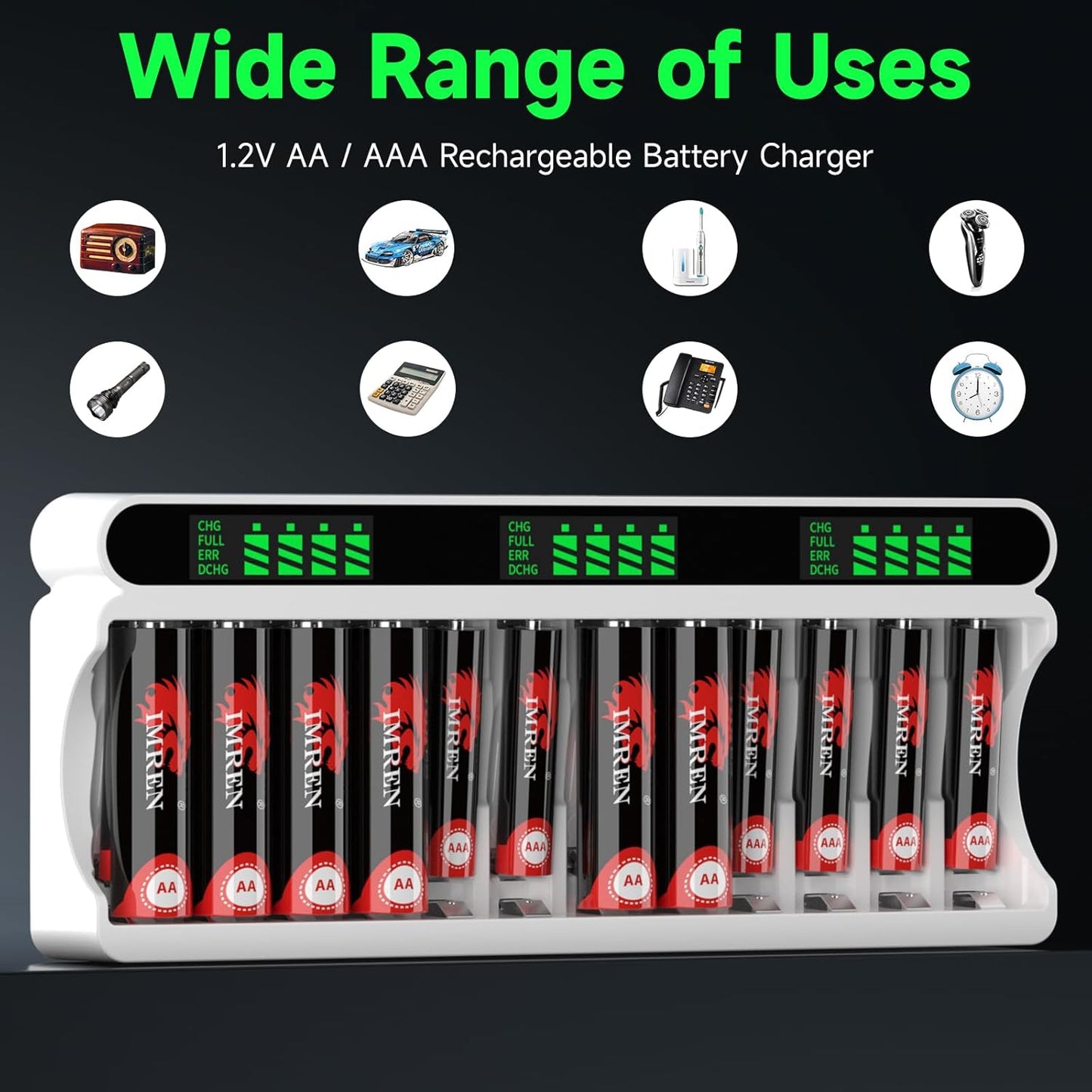 IMREN C90 Battery Charger (12 Slots) for NiMH/NiCD 1.5V AAA  Lithium Battery with Type-C and LCD Display