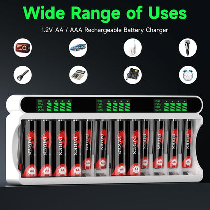IMREN C90 Battery Charger (12 Slots) for NiMH/NiCD 1.5V AAA  Lithium Battery with Type-C and LCD Display