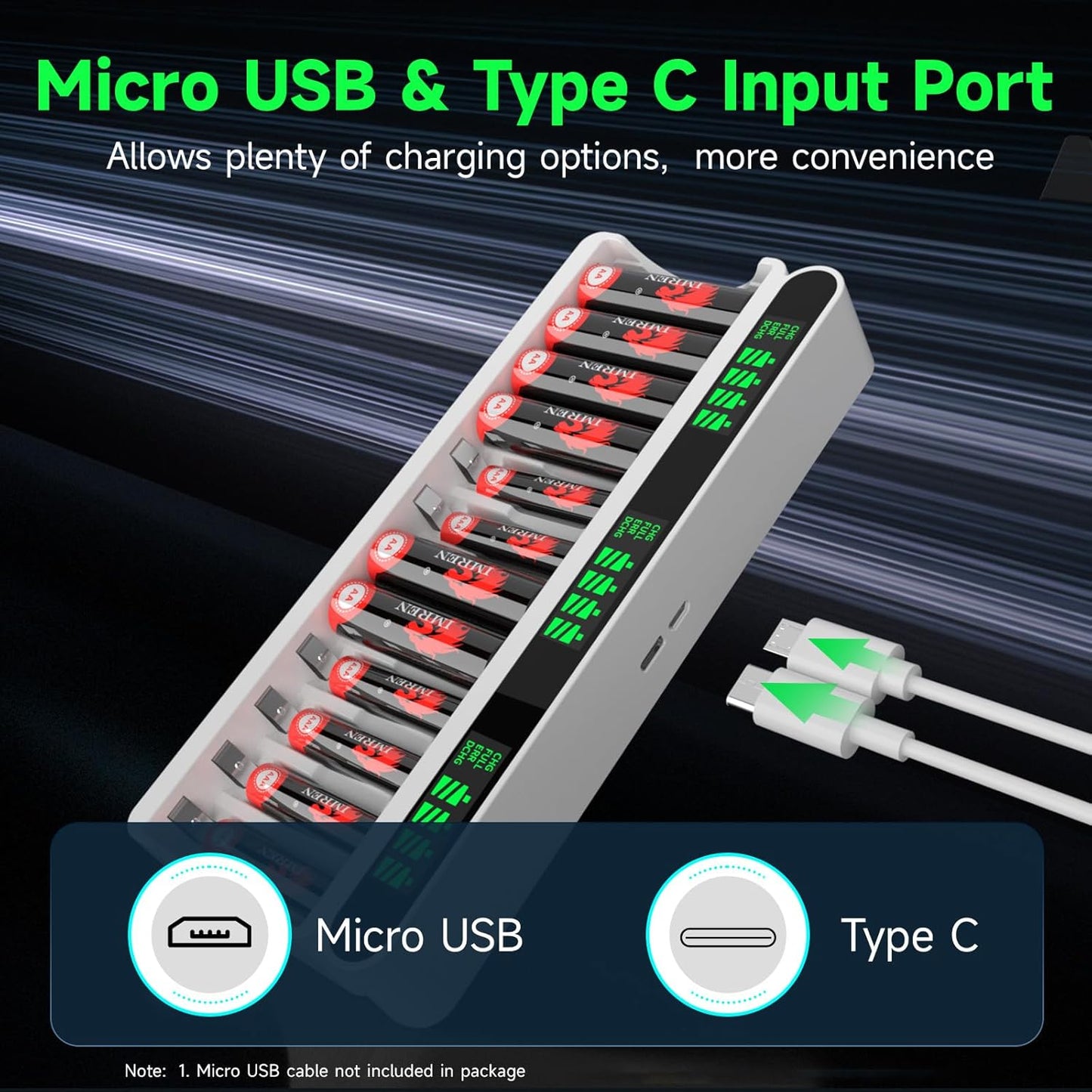 IMREN C90 Battery Charger (12 Slots) for NiMH/NiCD 1.5V AAA  Lithium Battery with Type-C and LCD Display