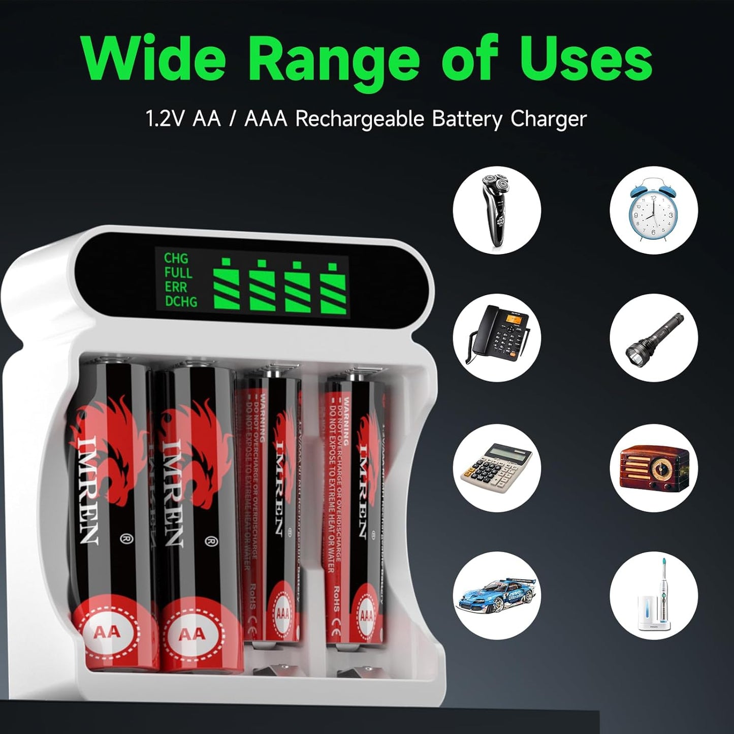 IMREN C90 Battery Charger (8 Ports) for NiMH/NiCD 1.5V AAA  Lithium Battery with Type-C and LCD Display