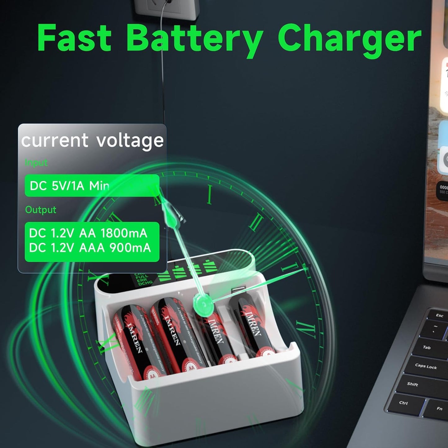 IMREN C90 Battery Charger (4 Ports) for NiMH/NiCD 1.5V AAA  Lithium Battery with Type-C and LCD Display