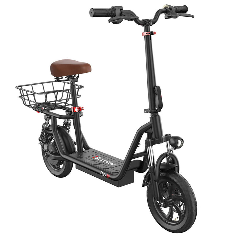iScooter i12 Electric Scooter with Seat & Rear Basket, 500W Motor, 36V 7.5Ah Battery, 12-inch Pneumatic Tire, 20-25km/h Max Speed, 35km Max Range, Dual Disc Brakes, Dual Shock Absorption
