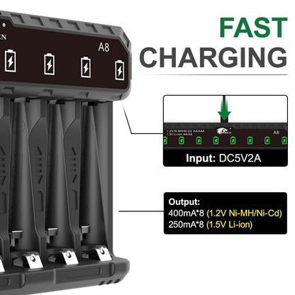 IMREN A8 Universal 8 Bays Quick Chager with Type-C Hight Speed for AA/AAA - IMRENBATTERIES.COM