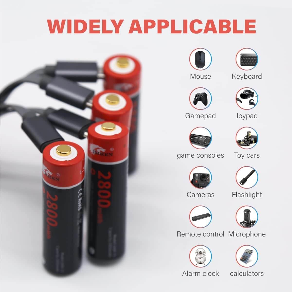IMREN AA Battery,Rechargeable AA Lithium Batteries 1.5V 2800mWh, Over 1200 Cycles, 4 in 1 Micro USB Cable,4-Pack